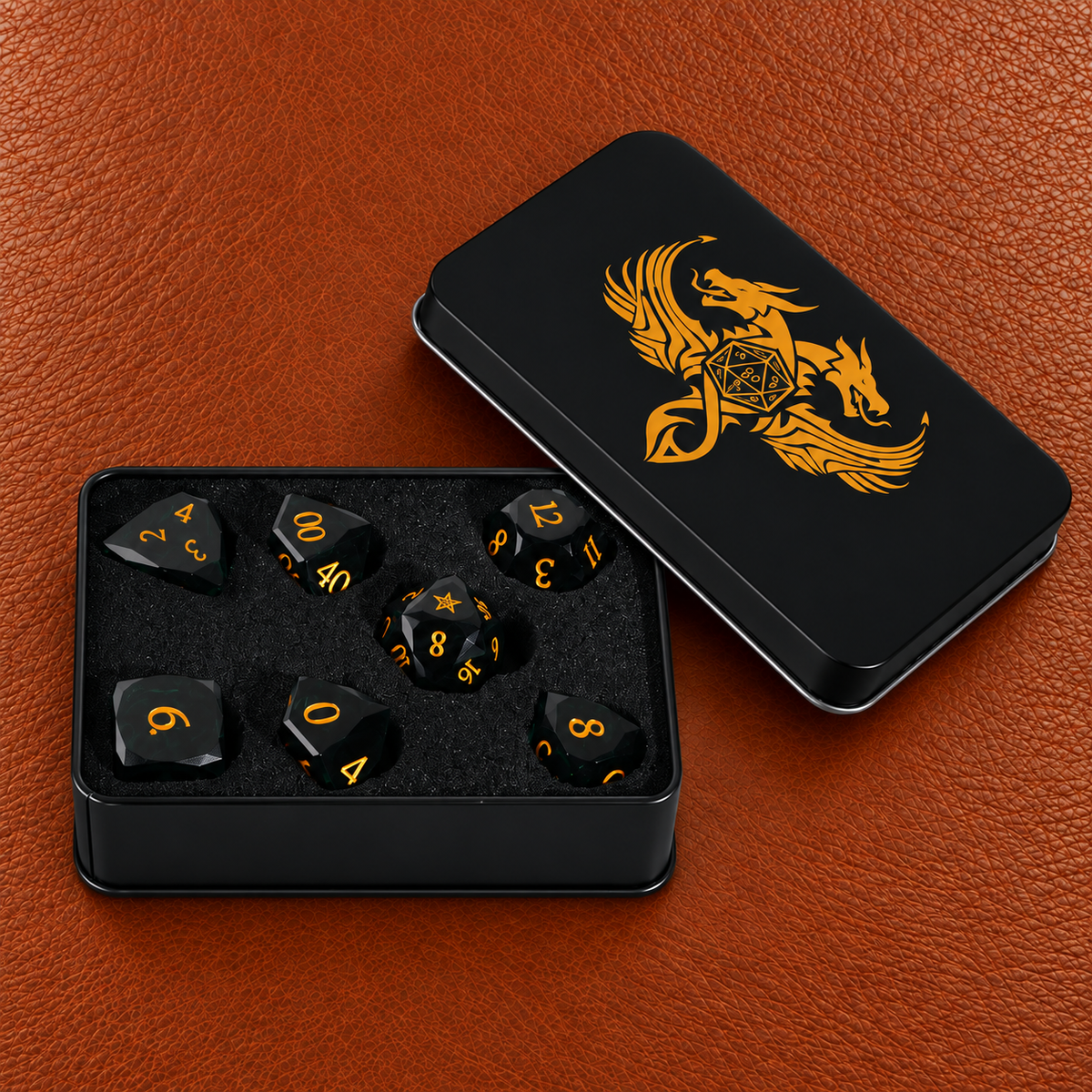 Evergreen Star Oath-Gemstone Dice Set – GELOHO gift packaging on cognac leather