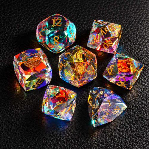 Prismatic Bear Sigil-Gemstone Dice Set – complete seven-piece set