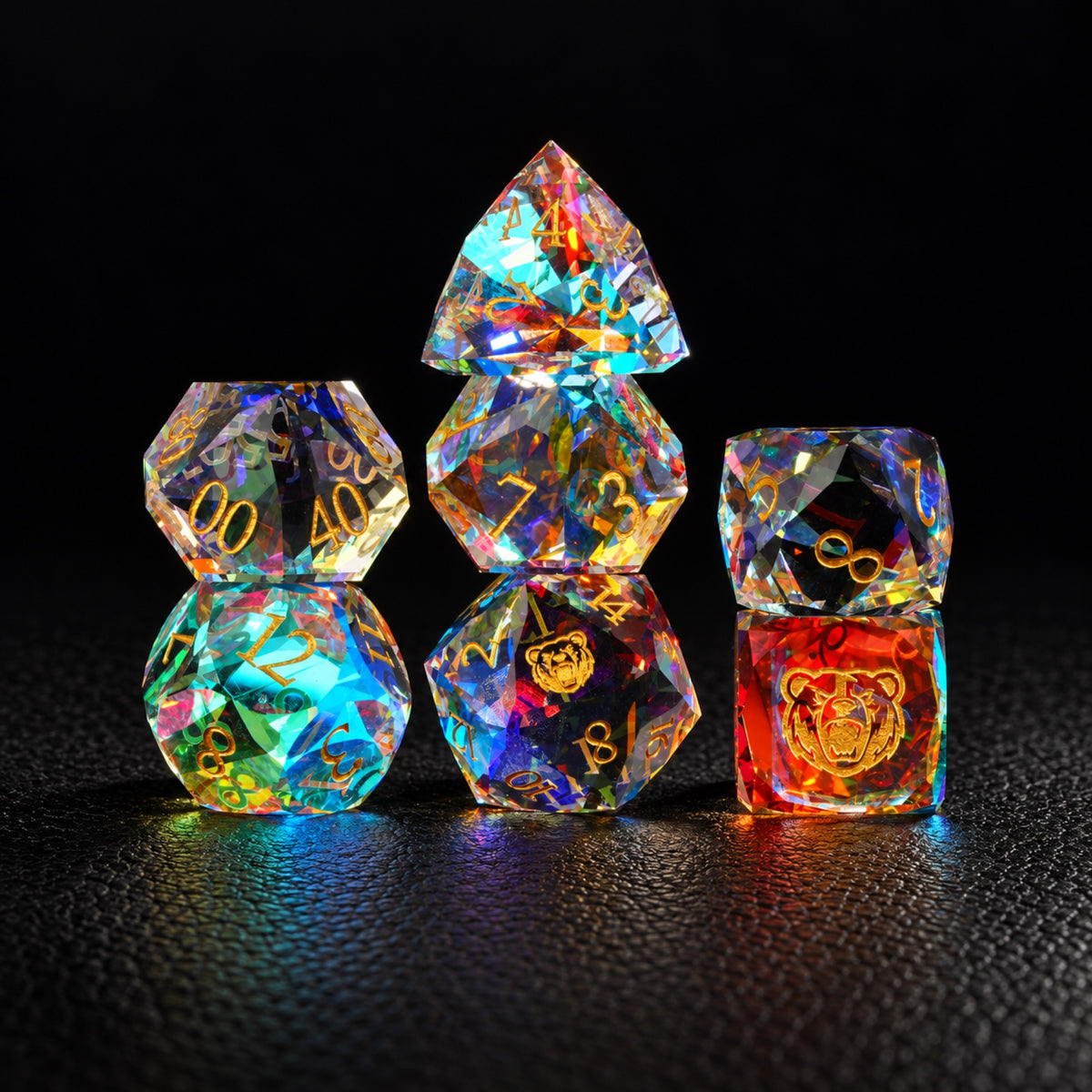 Prismatic Bear Sigil-Gemstone Dice Set – standing polyhedral set