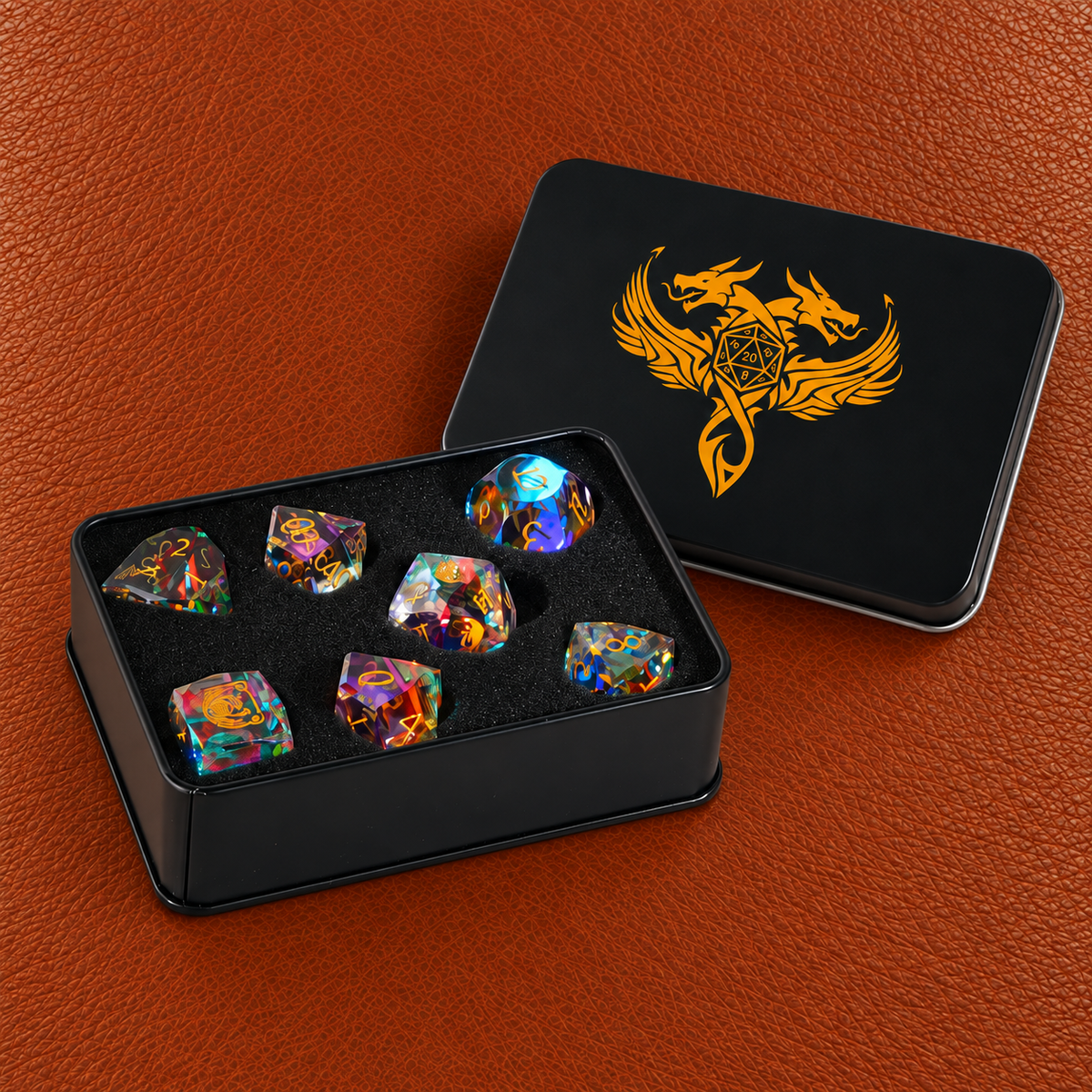 Prismatic Bear Sigil-Gemstone Dice Set – GELOHO gift packaging on cognac leather