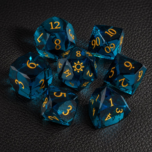 Azure Sun Sigil-Gemstone Dice Set – complete seven-piece set