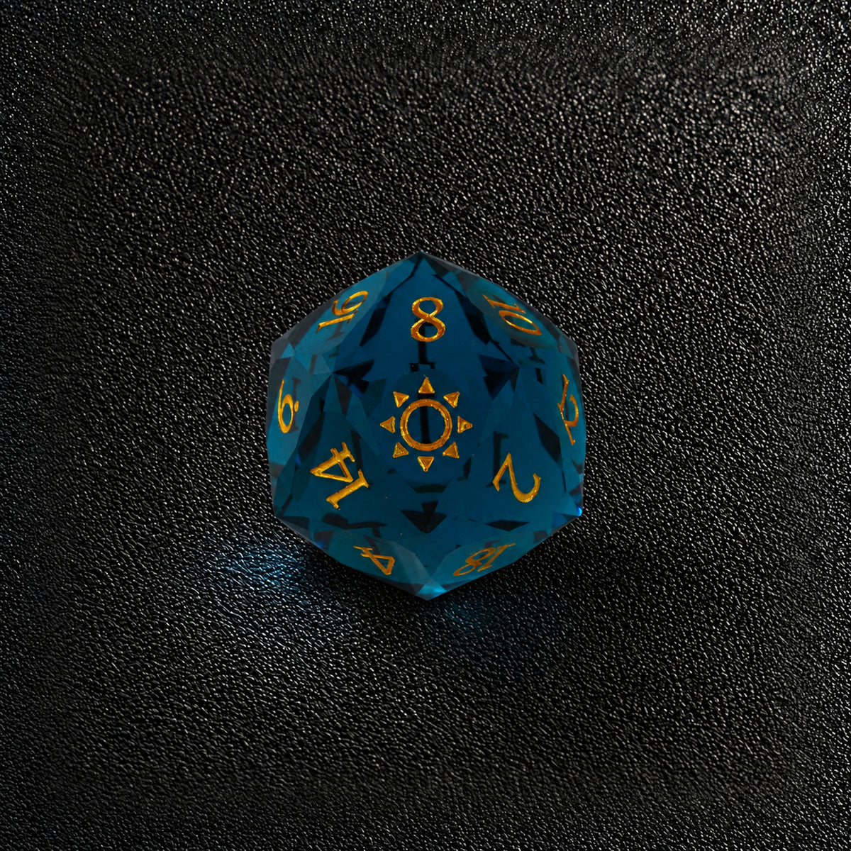 Azure Sun Sigil-Gemstone Dice Set – D20 close-up