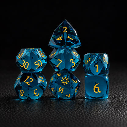 Azure Sun Sigil-Gemstone Dice Set – standing polyhedral set