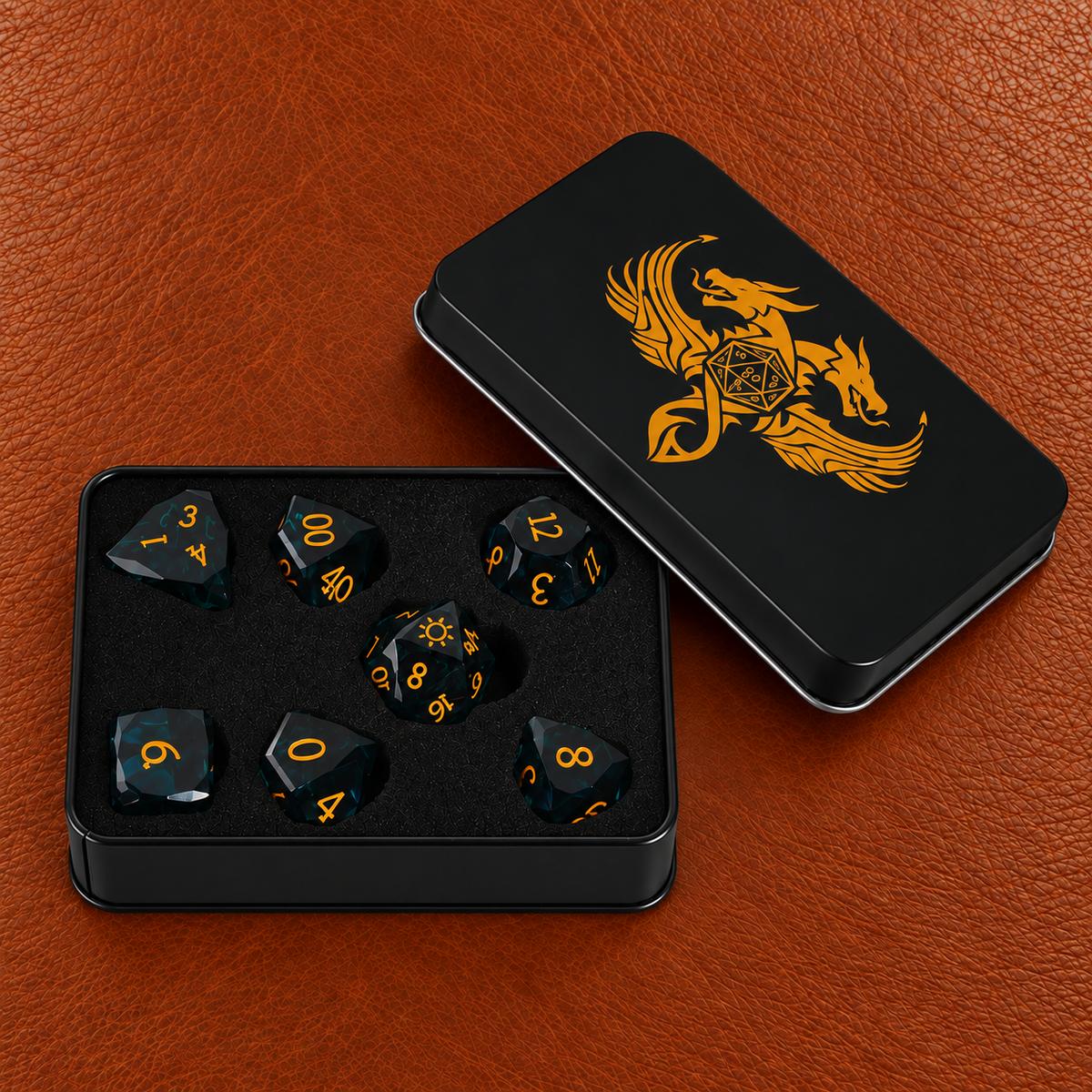 Azure Sun Sigil-Gemstone Dice Set – GELOHO gift packaging on cognac leather