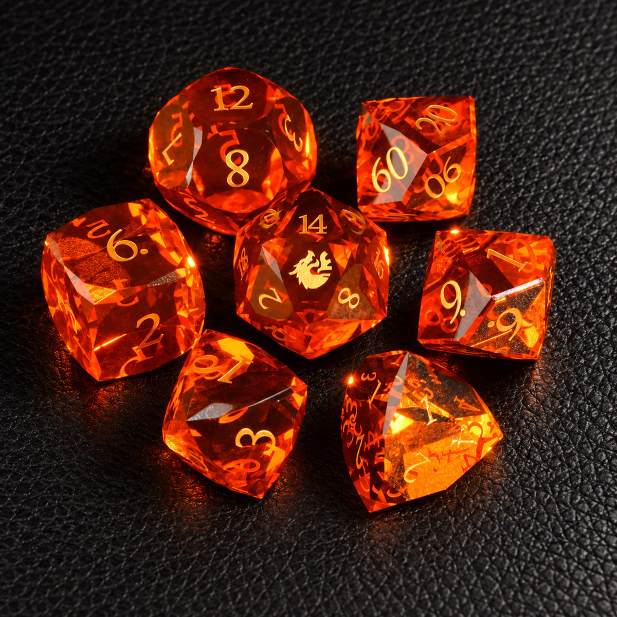 Ember Dragon Crest-Gemstone Dice Set – complete seven-piece set