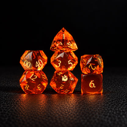 Ember Dragon Crest-Gemstone Dice Set – standing polyhedral set