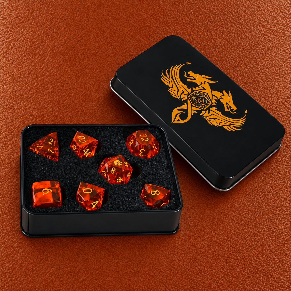Ember Dragon Crest-Gemstone Dice Set – GELOHO gift packaging on cognac leather