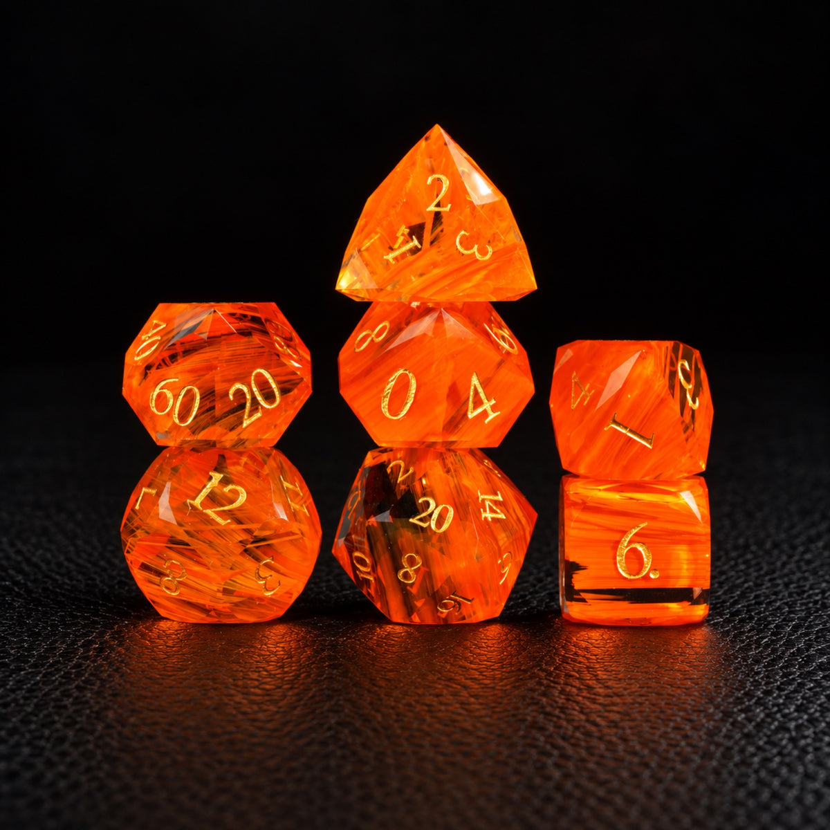 Aurora Ember Veil-Gemstone Dice Set – standing polyhedral set