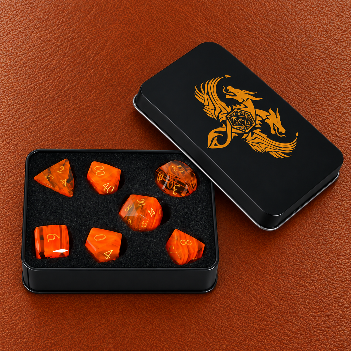 Aurora Ember Veil-Gemstone Dice Set – GELOHO gift packaging on cognac leather