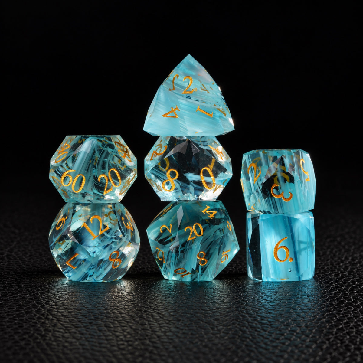 Phantom Tide Veil-Gemstone Dice Set – standing polyhedral set