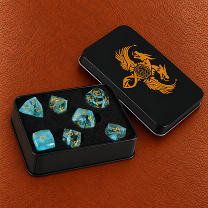 Phantom Tide Veil-Gemstone Dice Set – GELOHO gift packaging on cognac leather