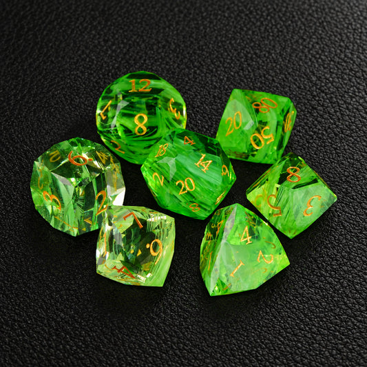 Verdant Aurora Grove-Gemstone Dice Set – complete seven-piece set