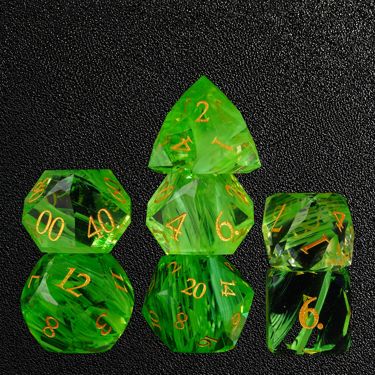 Verdant Aurora Grove-Gemstone Dice Set – standing polyhedral set