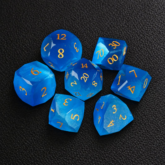 Cobalt Sacred Ward-Gemstone Dice Set – complete seven-piece set