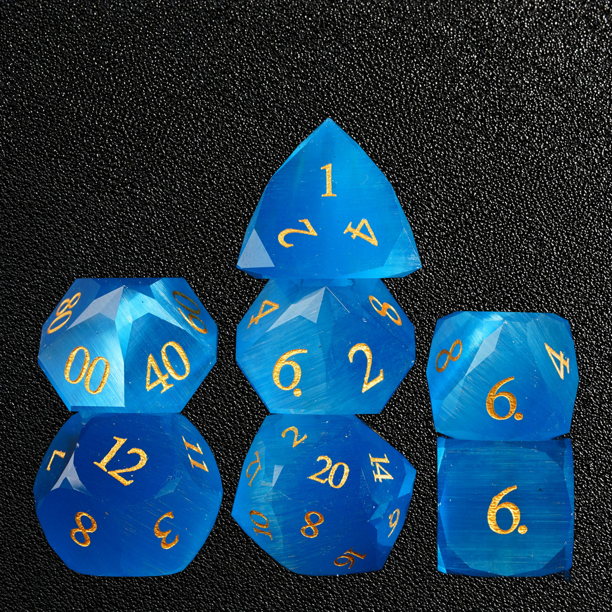 Cobalt Sacred Ward-Gemstone Dice Set – standing polyhedral set