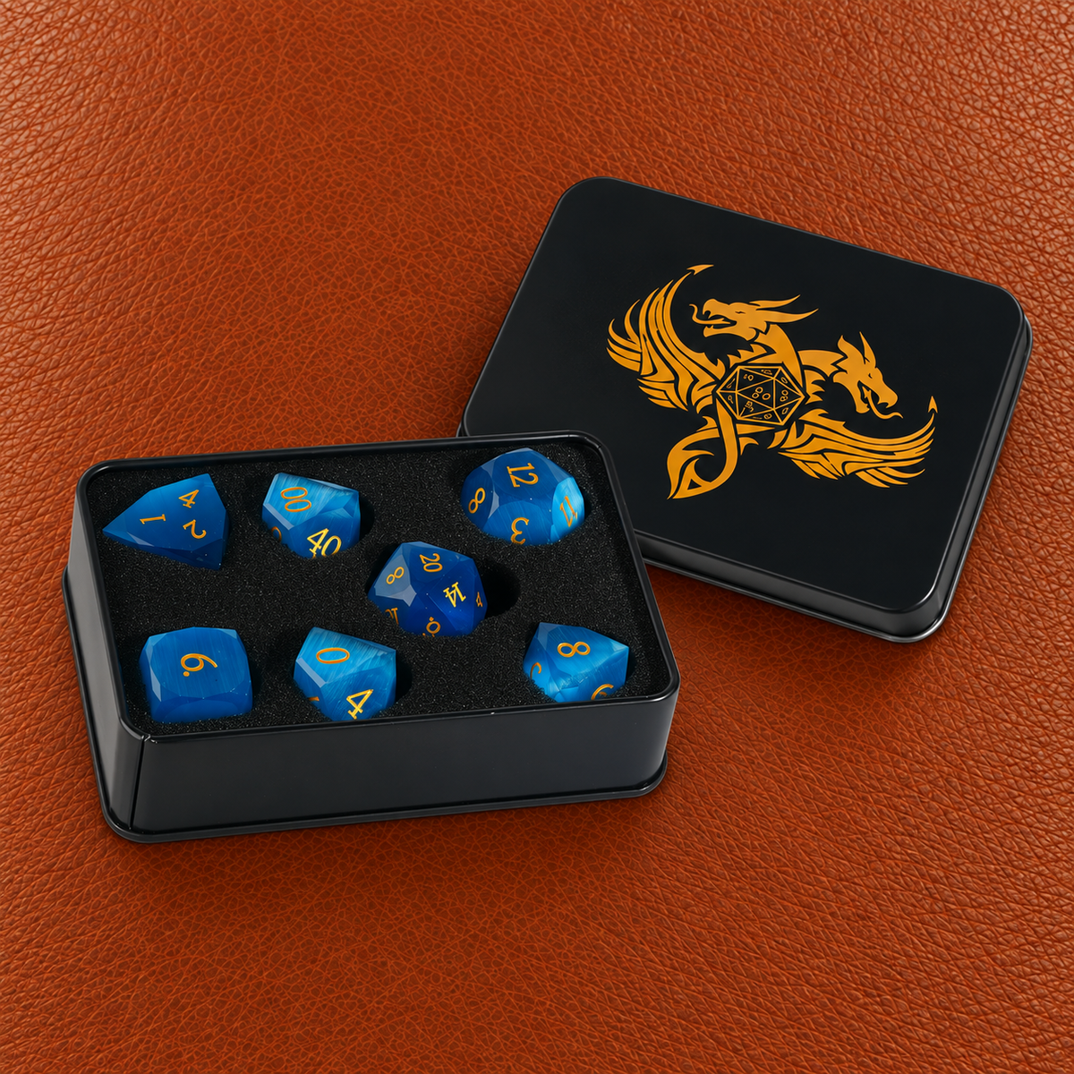 Cobalt Sacred Ward-Gemstone Dice Set – GELOHO gift packaging on cognac leather