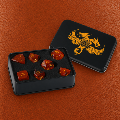 Russet Earth Oath-Gemstone Dice Set – GELOHO gift packaging on cognac leather