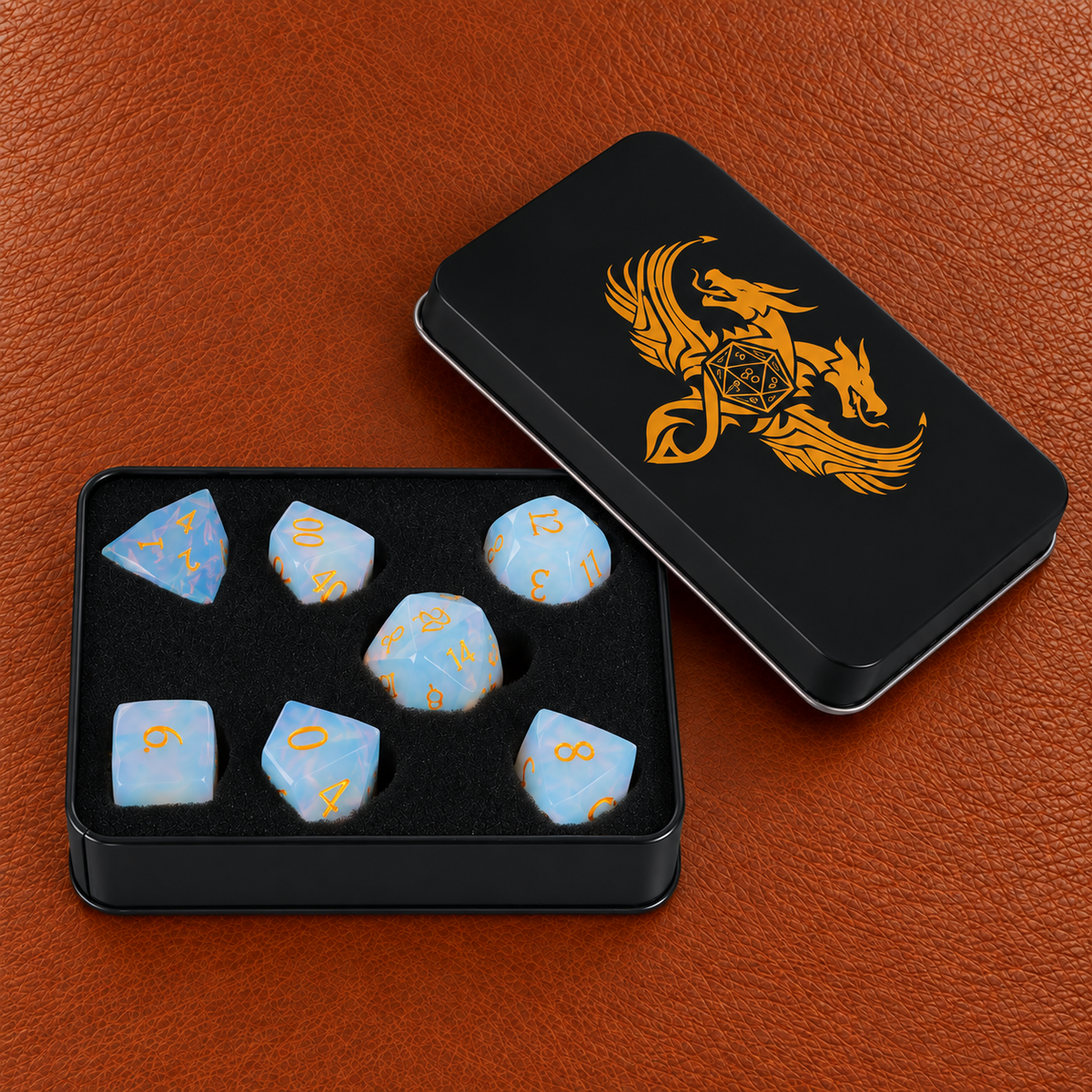 Fey Familiar Gaze-Gemstone Dice Set – GELOHO gift packaging on cognac leather