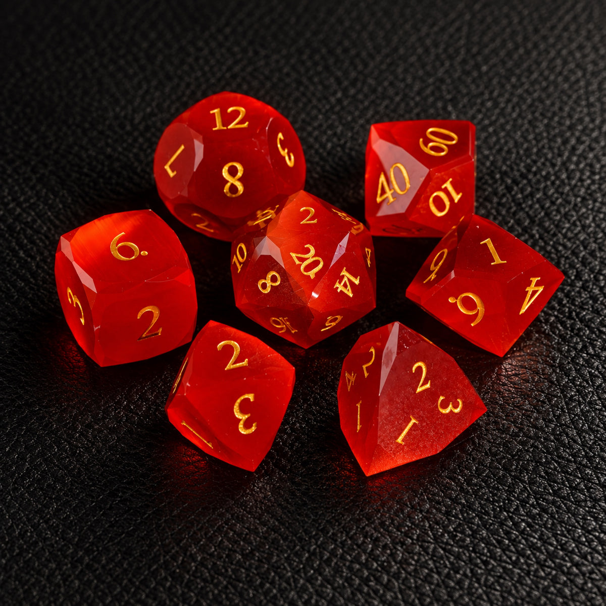 Crimson Shadow Relic-Gemstone Dice Set – complete seven-piece set