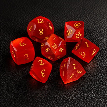 Crimson Shadow Relic-Gemstone Dice Set – complete seven-piece set