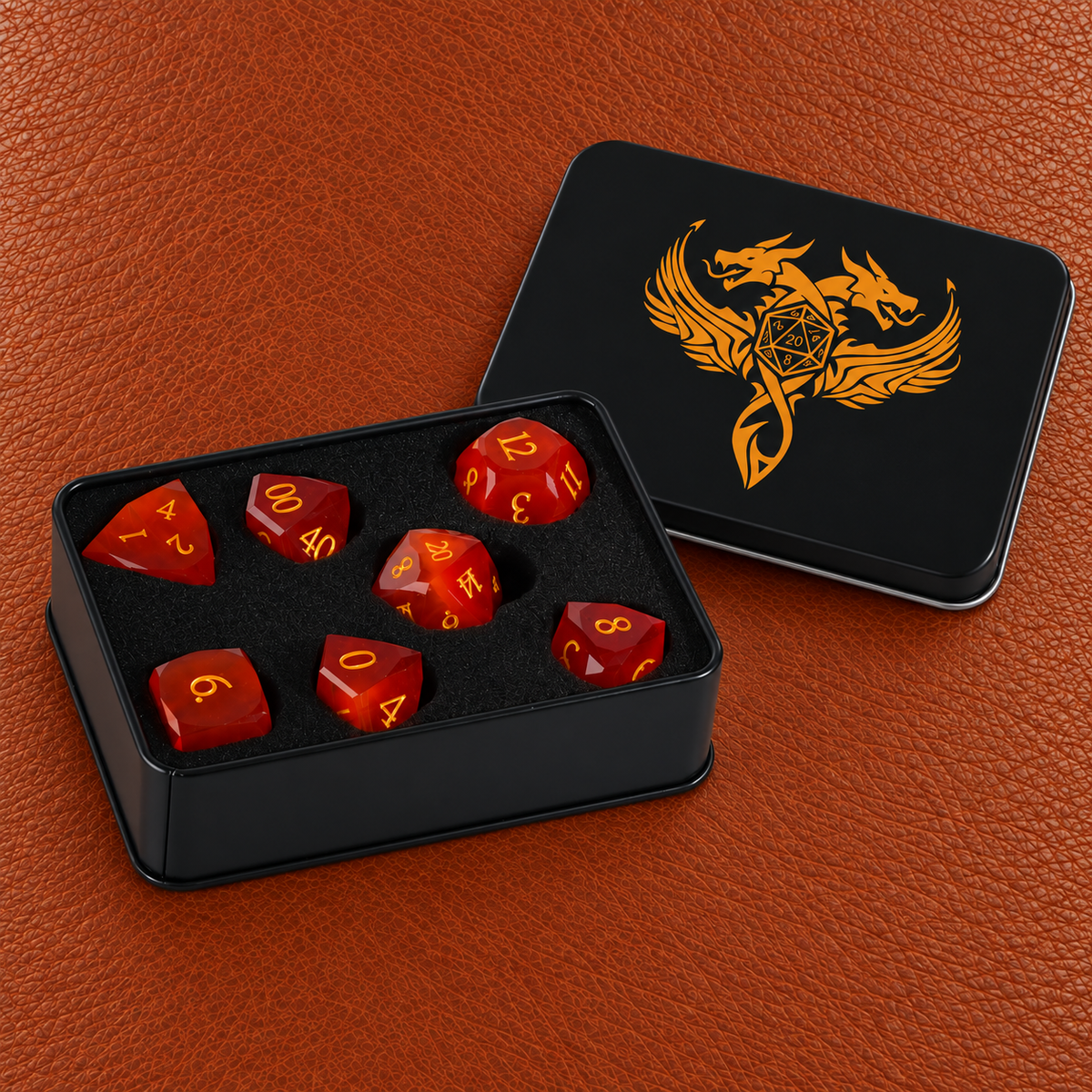 Crimson Shadow Relic-Gemstone Dice Set – GELOHO gift packaging on cognac leather
