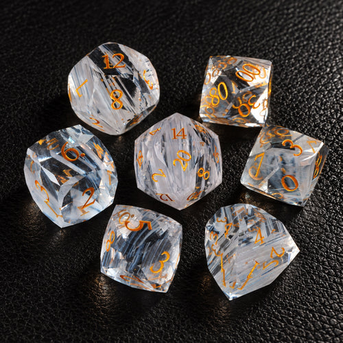 Ivory Aurora Blessing-Gemstone Dice Set – complete seven-piece set