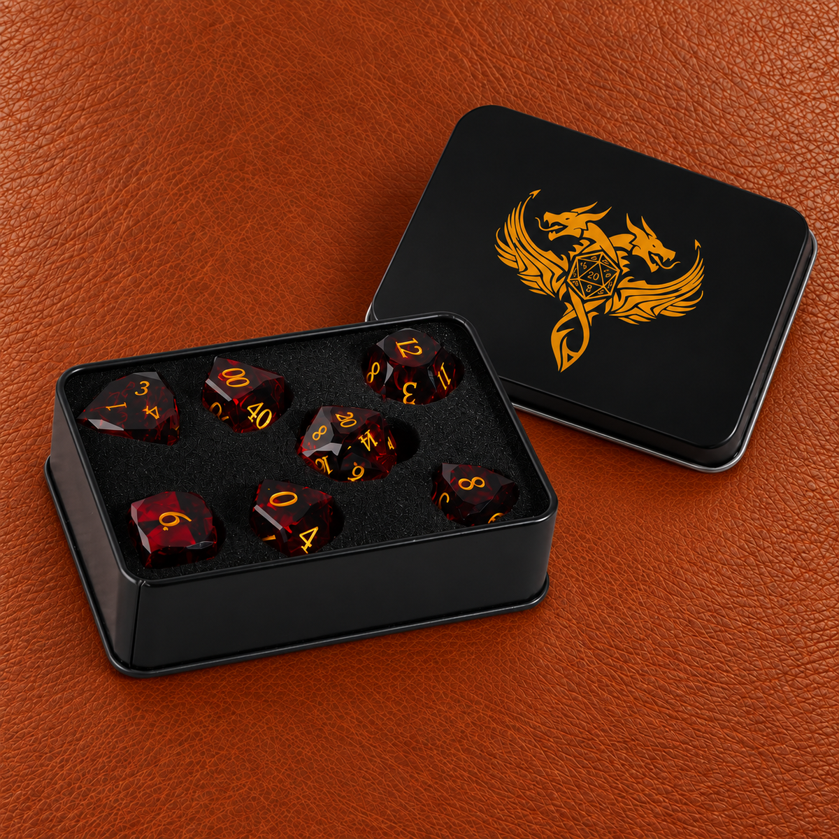 Crimson Diamond Oath-Gemstone Dice Set – GELOHO gift packaging on cognac leather