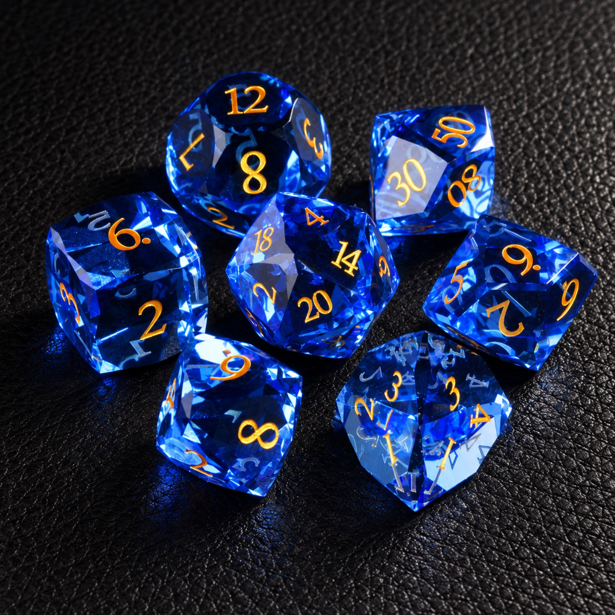 Azure Tide Arcana-Gemstone Dice Set – complete seven-piece set