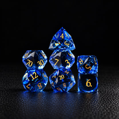 Azure Tide Arcana-Gemstone Dice Set – standing polyhedral set