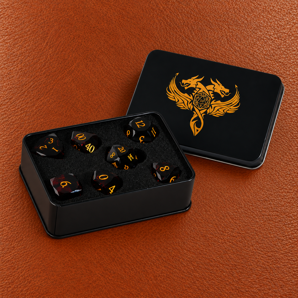 Onyx Shadow Throne-Gemstone Dice Set – GELOHO gift packaging on cognac leather