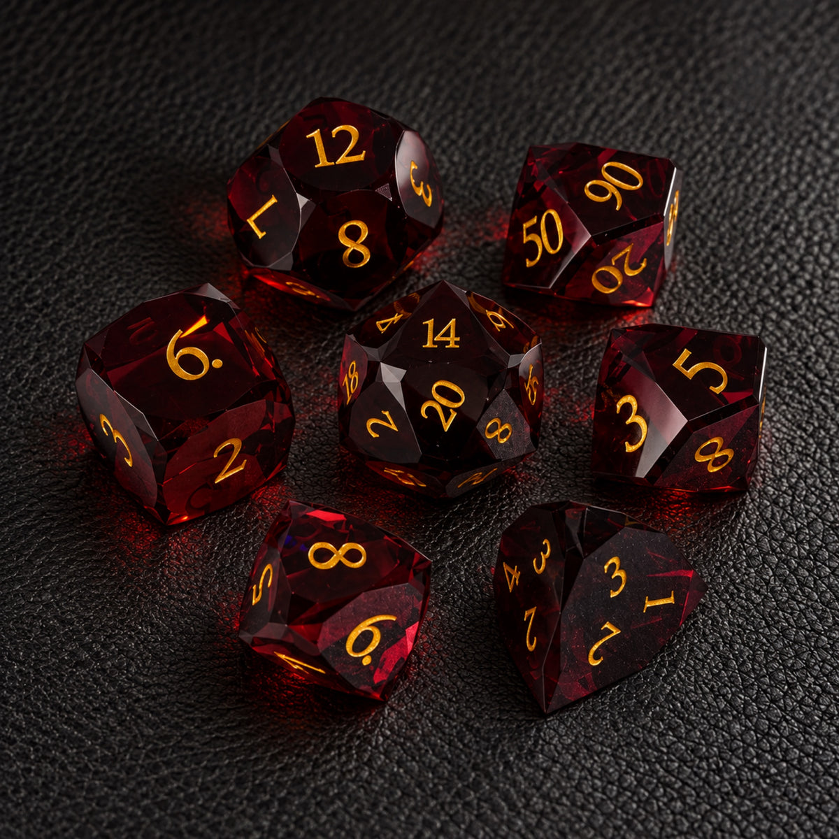 Flameheart Arcane Core-Gemstone Dice Set – complete seven-piece set