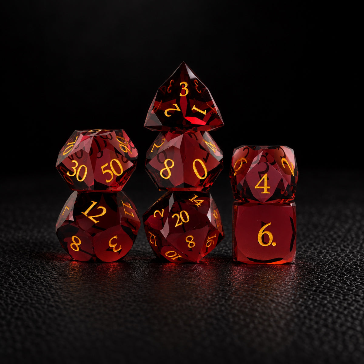Flameheart Arcane Core-Gemstone Dice Set – standing polyhedral set