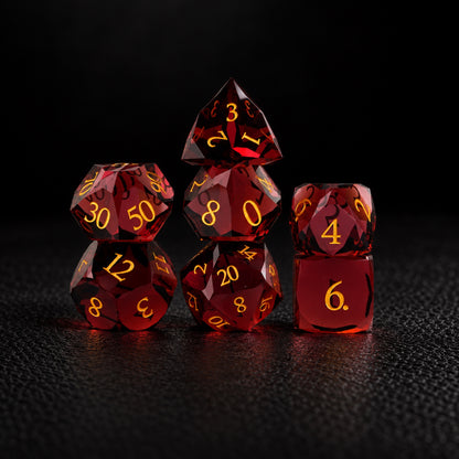 Flameheart Arcane Core-Gemstone Dice Set – standing polyhedral set
