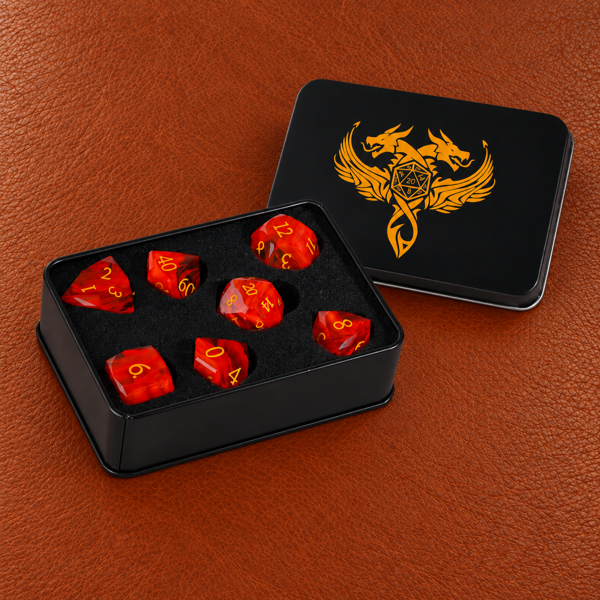 Flameheart Arcane Core-Gemstone Dice Set – GELOHO gift packaging on cognac leather