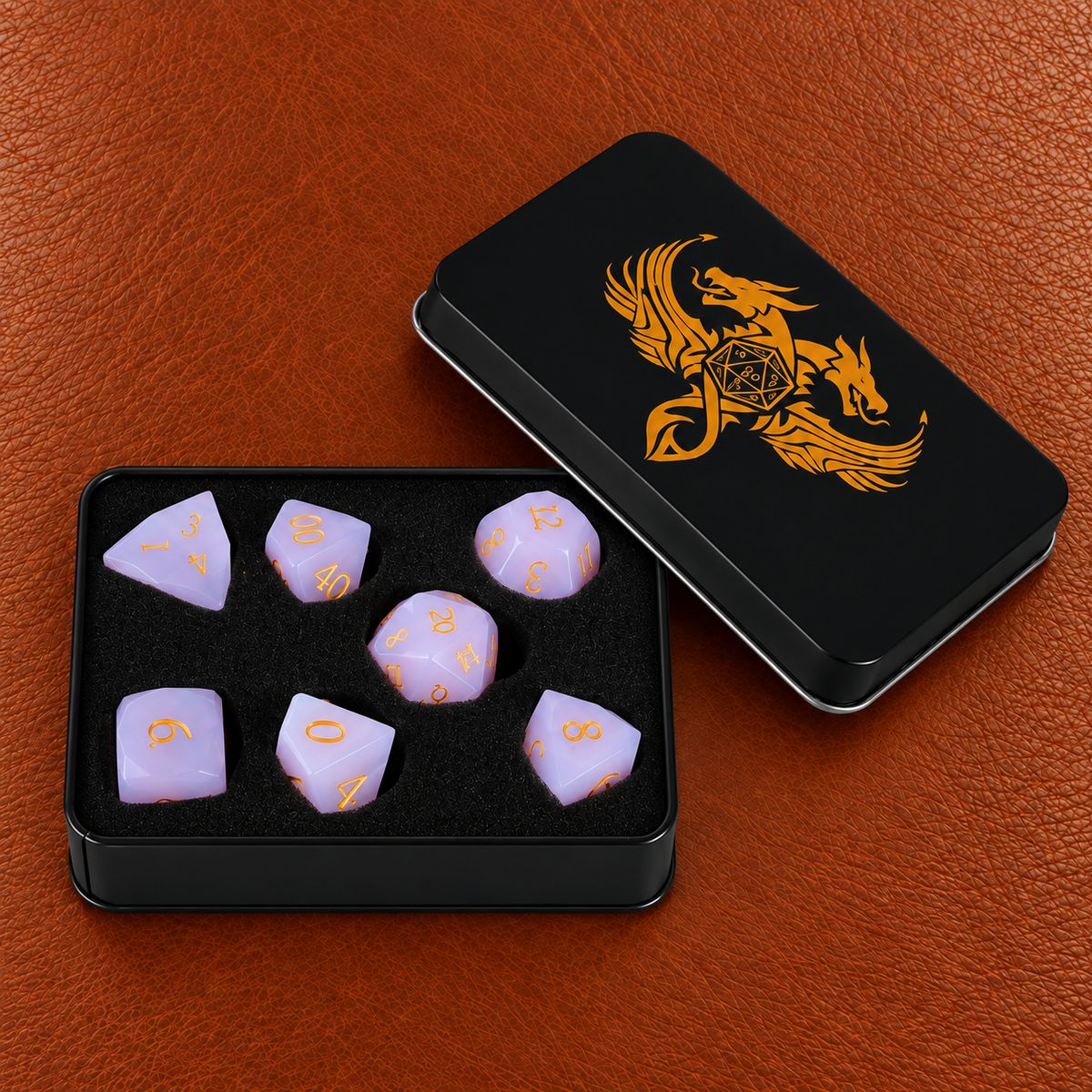 Rose Fey Bloom-Gemstone Dice Set – GELOHO gift packaging on cognac leather