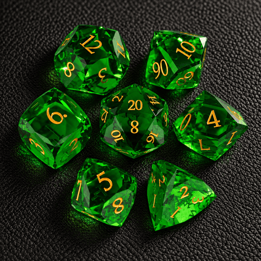 Emerald Mystic Grove gemstone dice set on premium black leather
