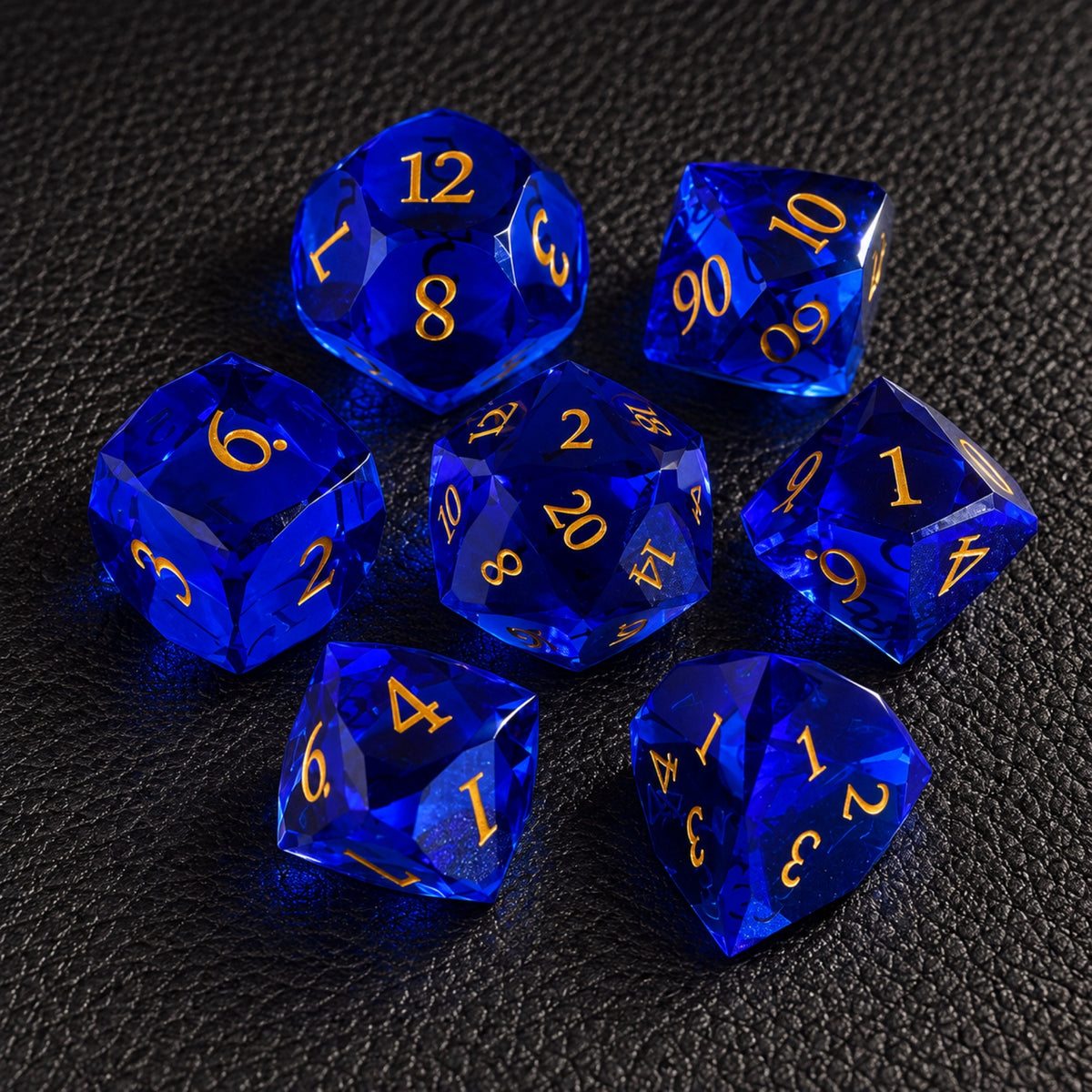 Sapphire Crown Oath-Gemstone Dice Set – complete seven-piece set