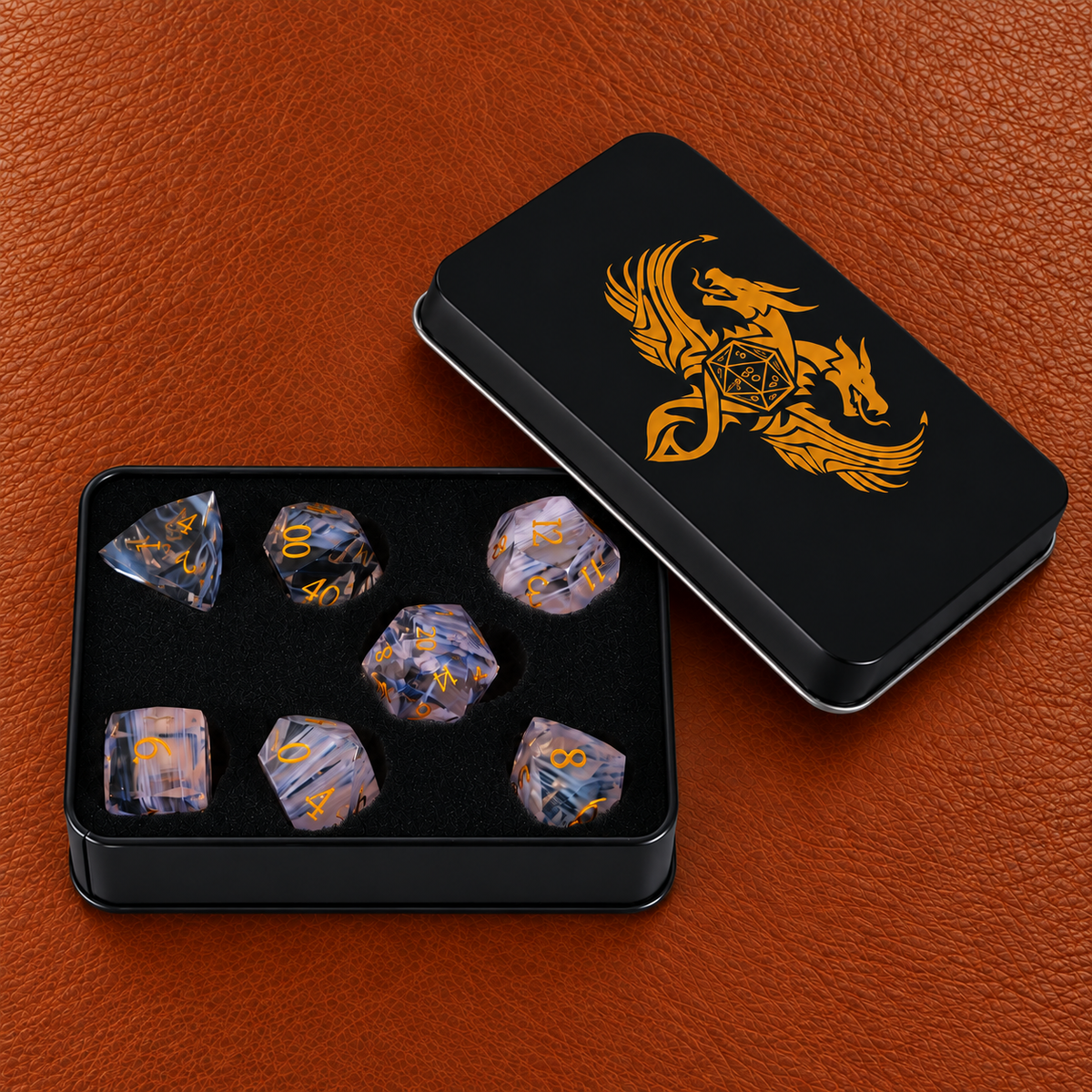 Aurora Fey Whisper-Gemstone Dice Set – GELOHO gift packaging on cognac leather