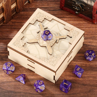 Geloho Adventurer's Dice Case – Square Wooden Case with Dual Sword Shield Design for DnD