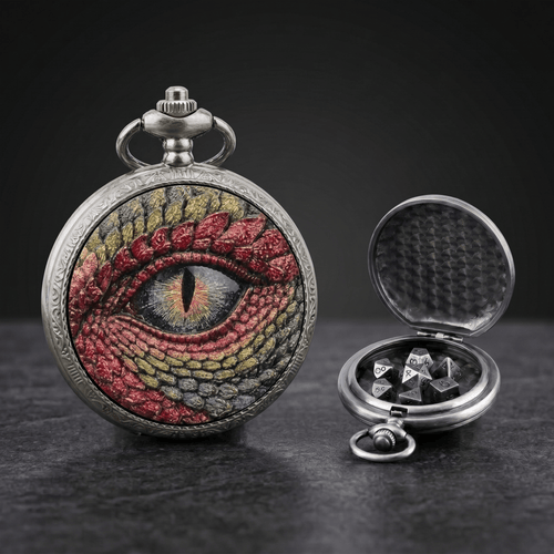 Geloho D20, Dragon Silver Ancient Crimson Dragon Eye Pocket Watch Dice Set