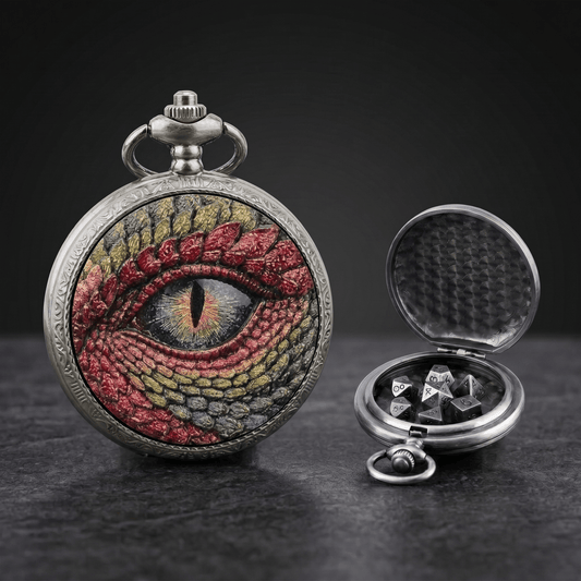 Geloho D20, Dragon Silver Ancient Crimson Dragon Eye Pocket Watch Dice Set