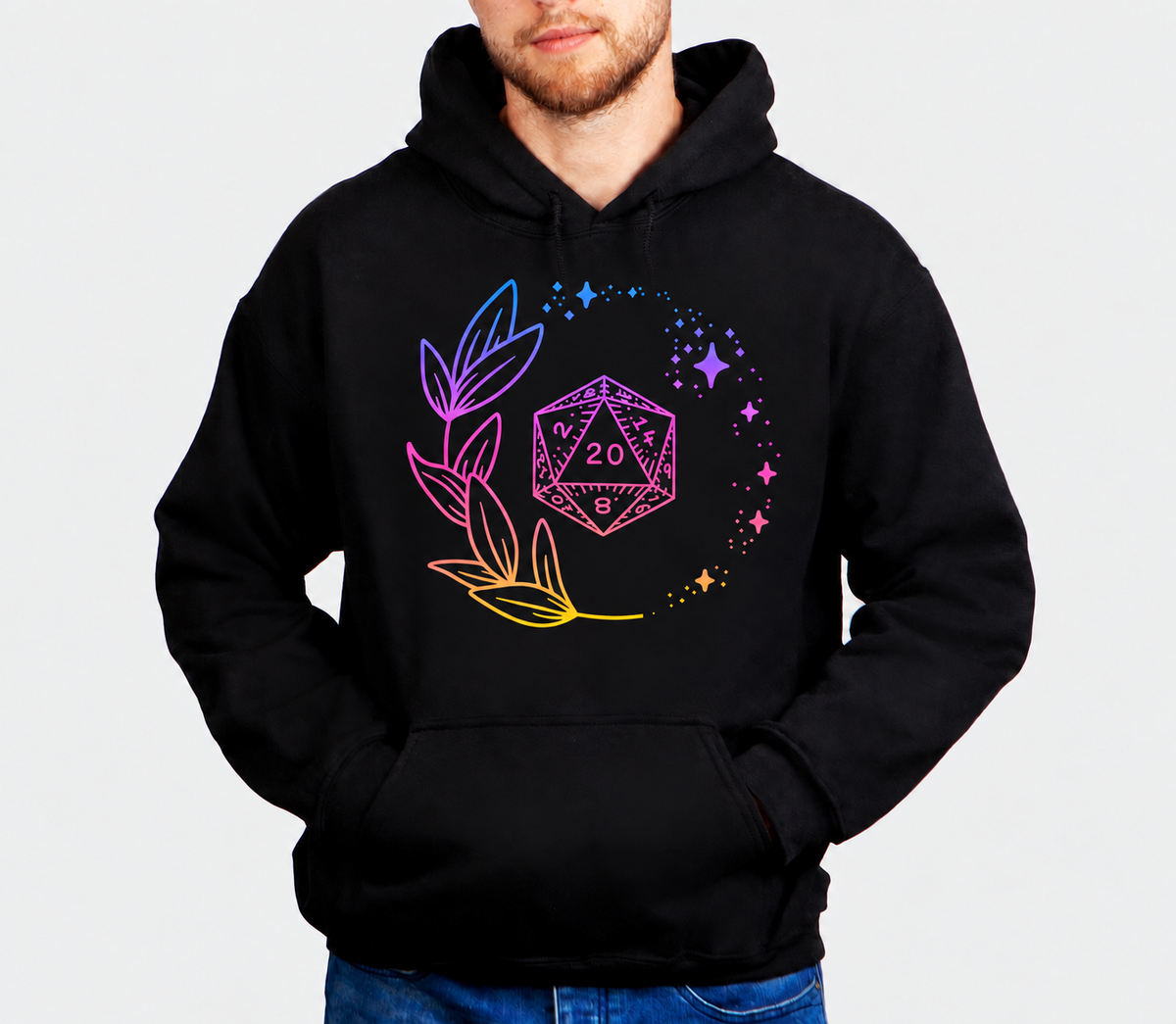 Arcane Roll Glow D&D hoodie on male model
