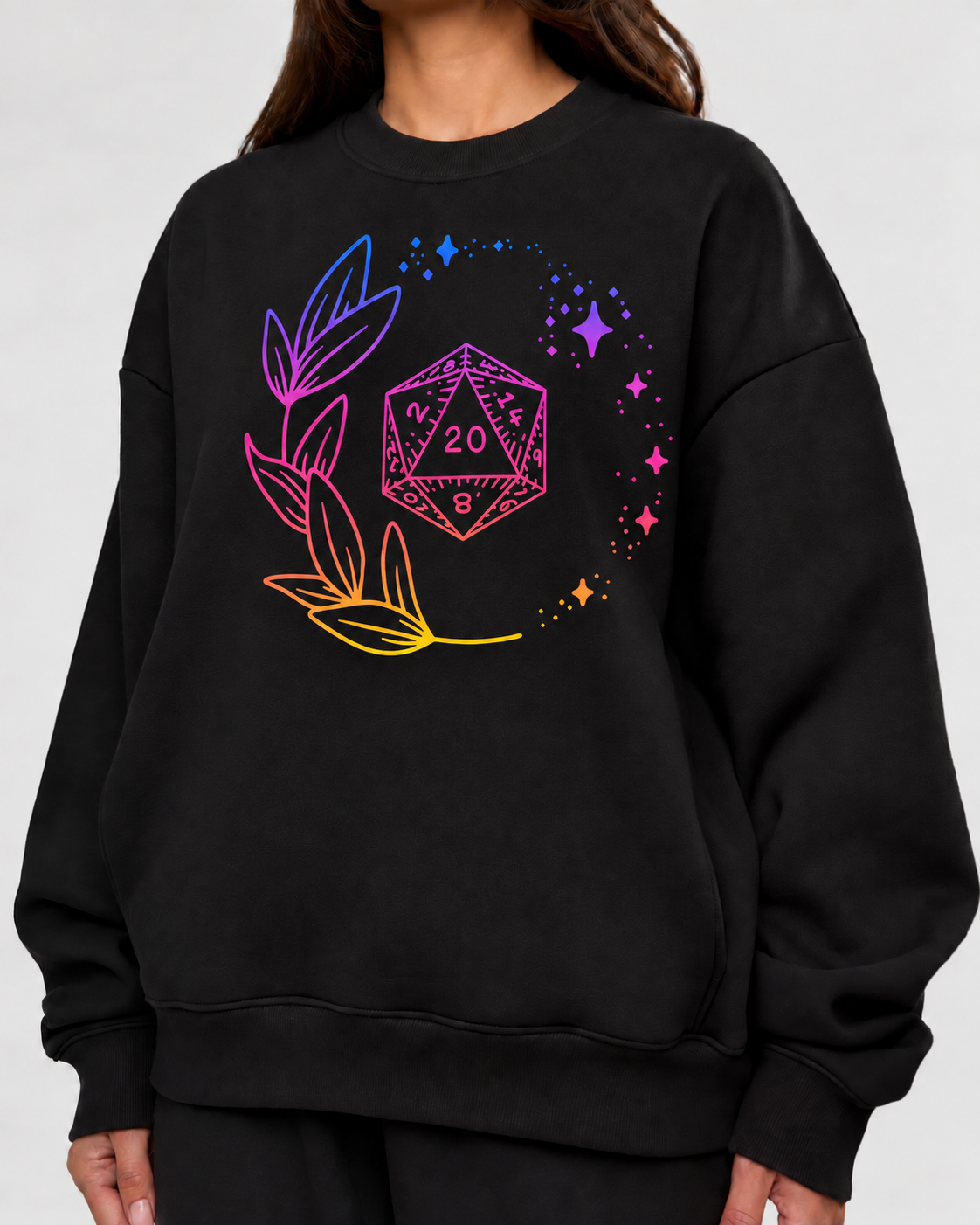 Female model wearing Arcane Roll Glow - DnD Sweatshirt