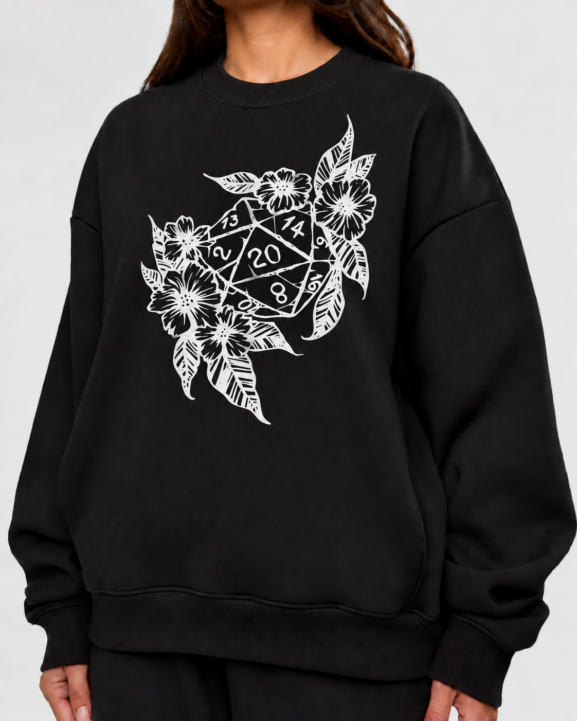 Female model wearing Beauty Meets Danger - DnD Sweatshirt