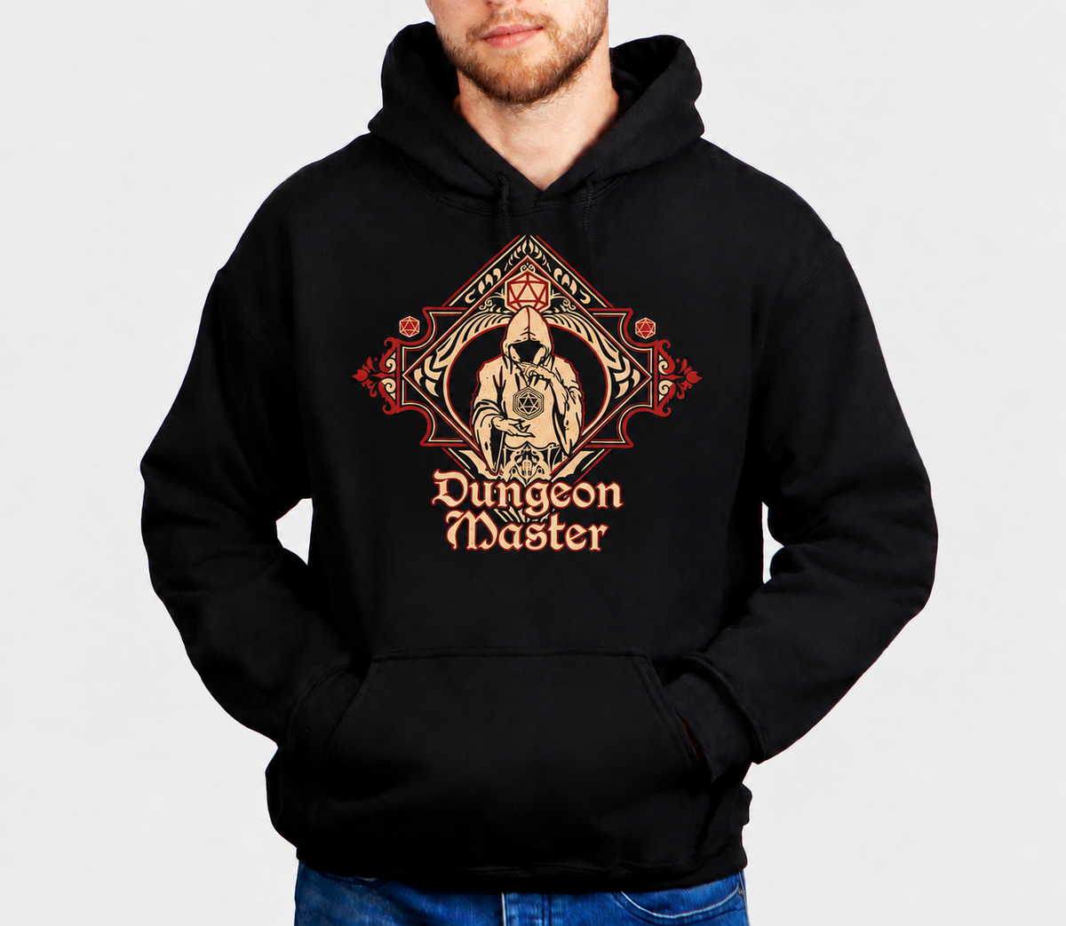 Behind The Screen D&D hoodie on male model