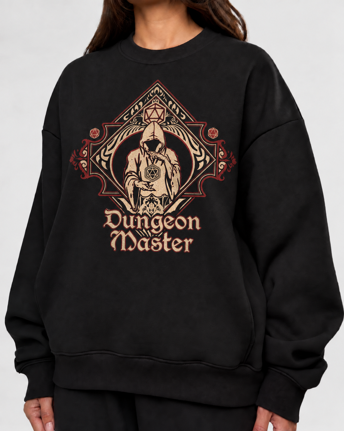 Female model wearing Behind The Screen - DnD Sweatshirt