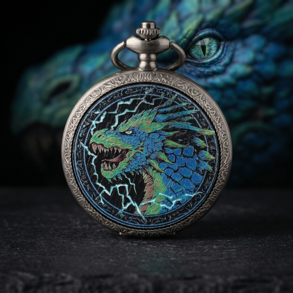 Geloho D20, Dragon Silver Blue Dragon Pocket Watch Dice Set