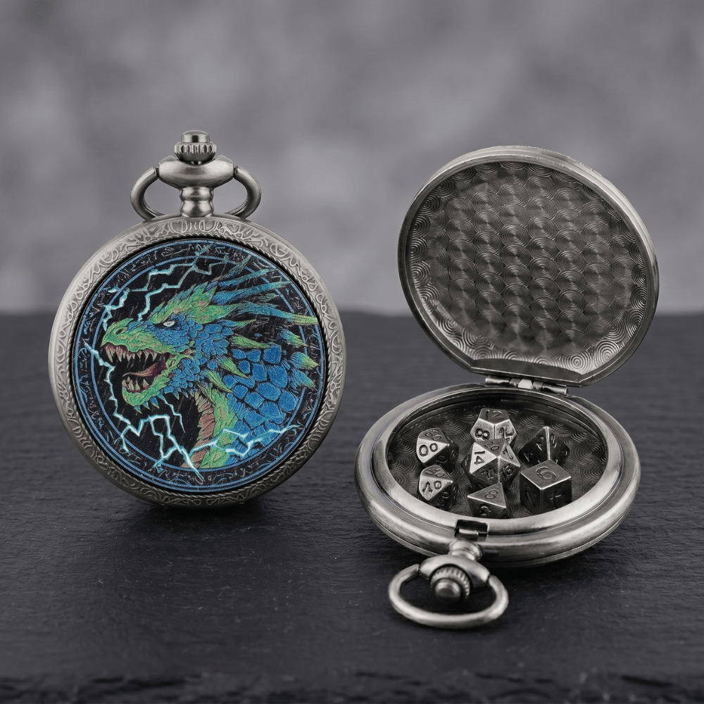 Blue Dragon Pocket Watch Dice Set - 7 Pcs Antique Silver Miniature ...