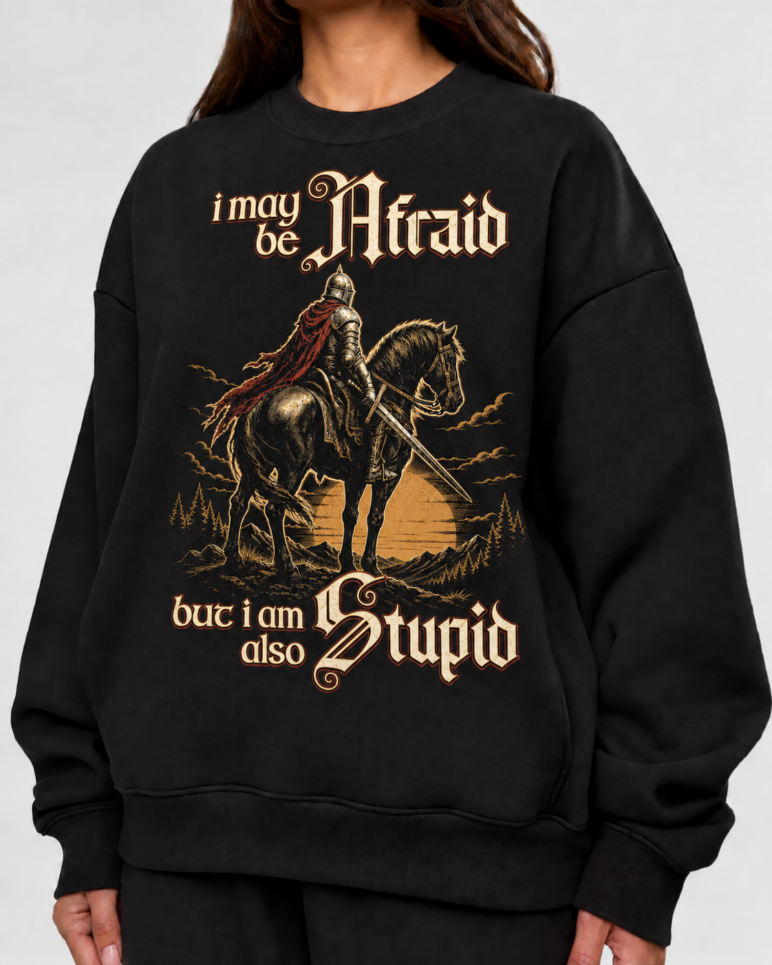 Female model wearing Brave Or Stupid - DnD Sweatshirt