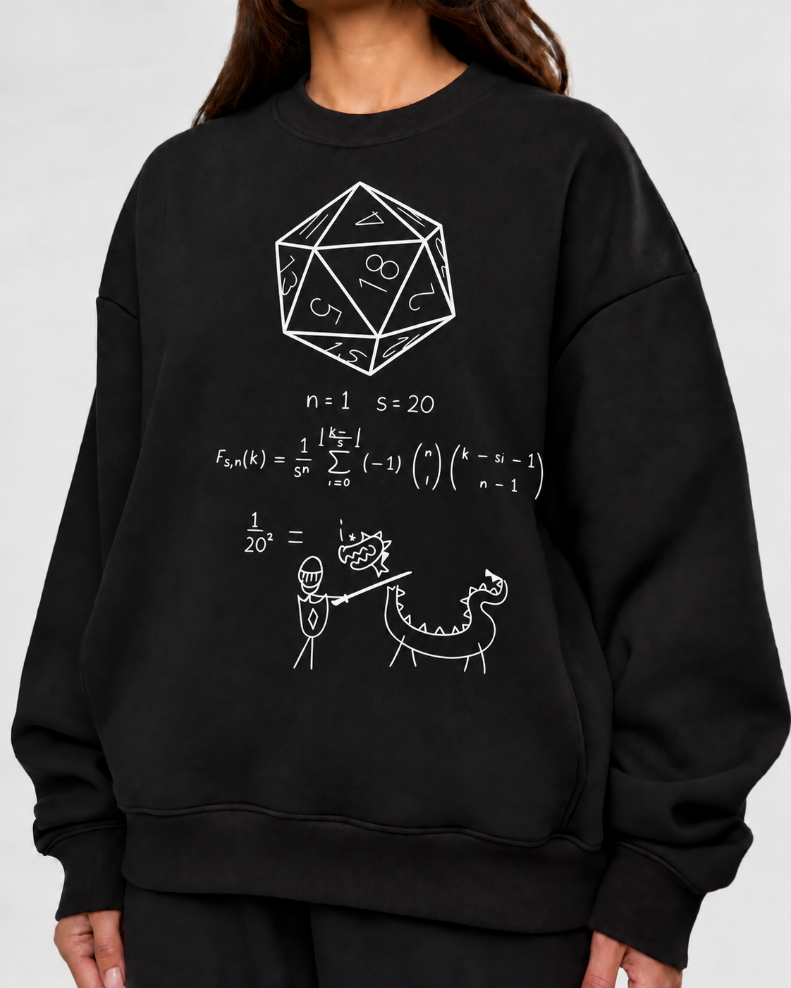 Female model wearing Calculate Then Fight - DnD Sweatshirt